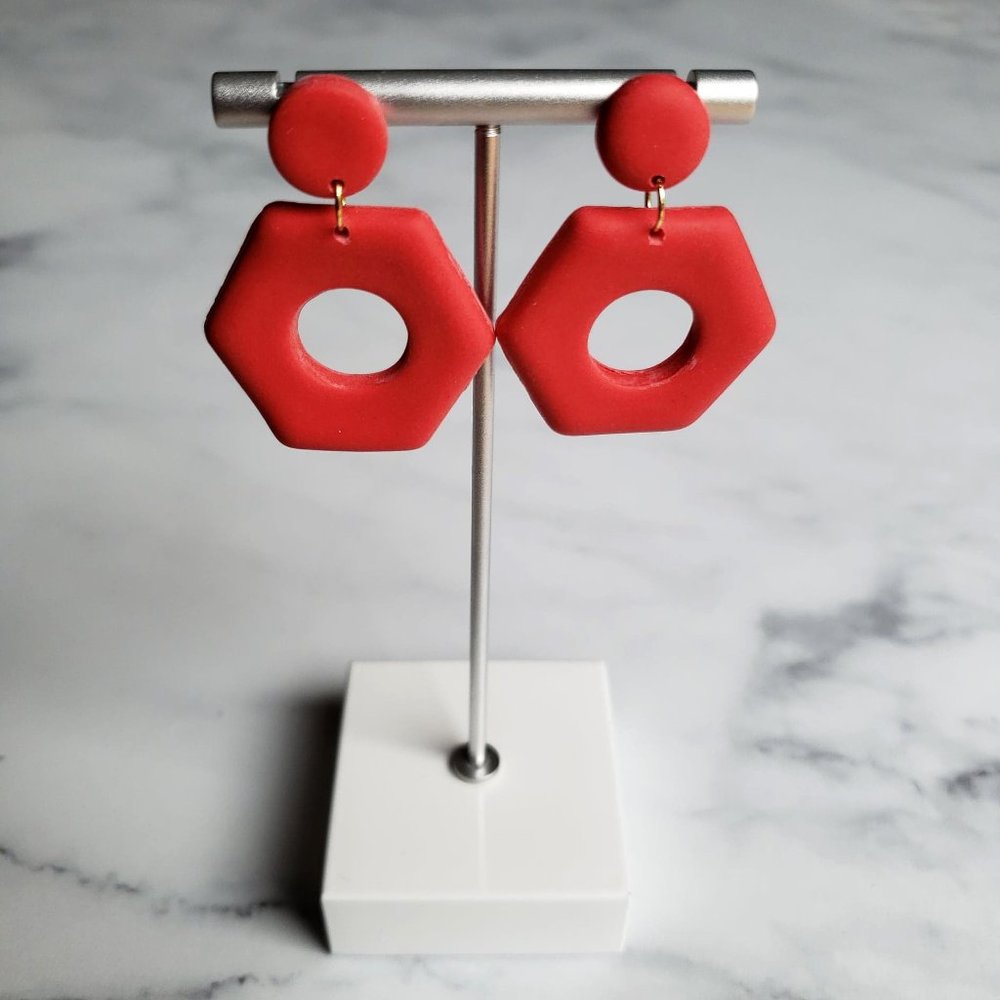 BRAND NEW! Red Hexagon Donut Clay Dangle Earrings